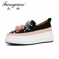 fanyuan flat platform shoes women casual flats single shoes summer genuine leather zapatos muje flower mesh boats shoes loafer