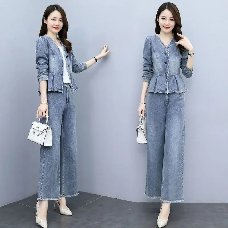 

Denim Suit Women Autumn 2021 New Fashion Temperament Goddess Coat Wide-leg Pants Two-piece Western Style Reduce Age