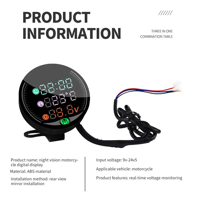 3 in1 Black Motorcycle LED Voltmeter Clock Universal Electronic Digital Thermometer Temperature Schedule Outdoor Essential | Автомобили и