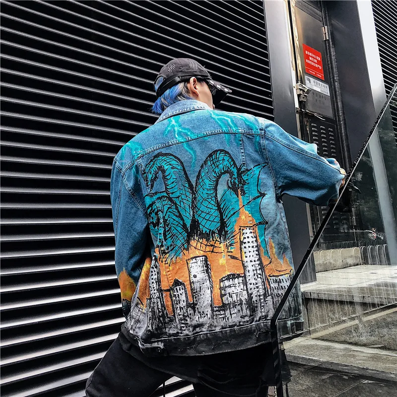 

Hip hop lightning dinosaur print denim jacket men