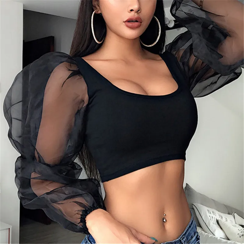 Женская футболка Женский пуловер с пышными рукавами укороченный топ U образным