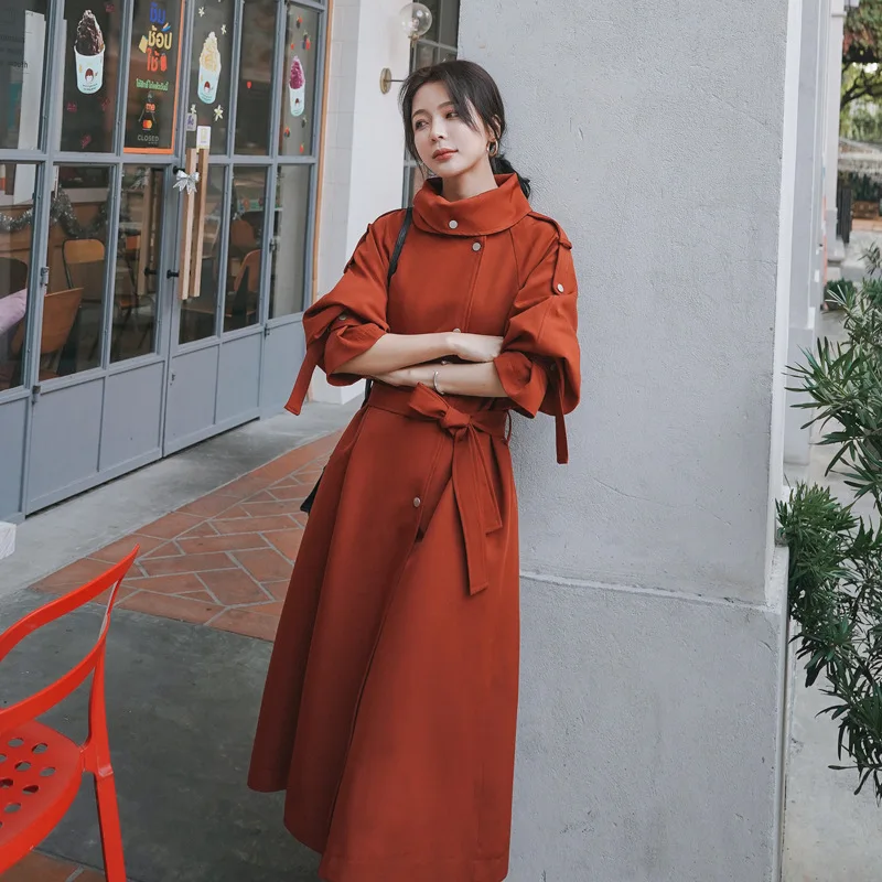 

Women's Windbreaker 2020 Autumn New Elegant Loose Korean Version Trench Coat Single-breasted Lace-up Long Jacket