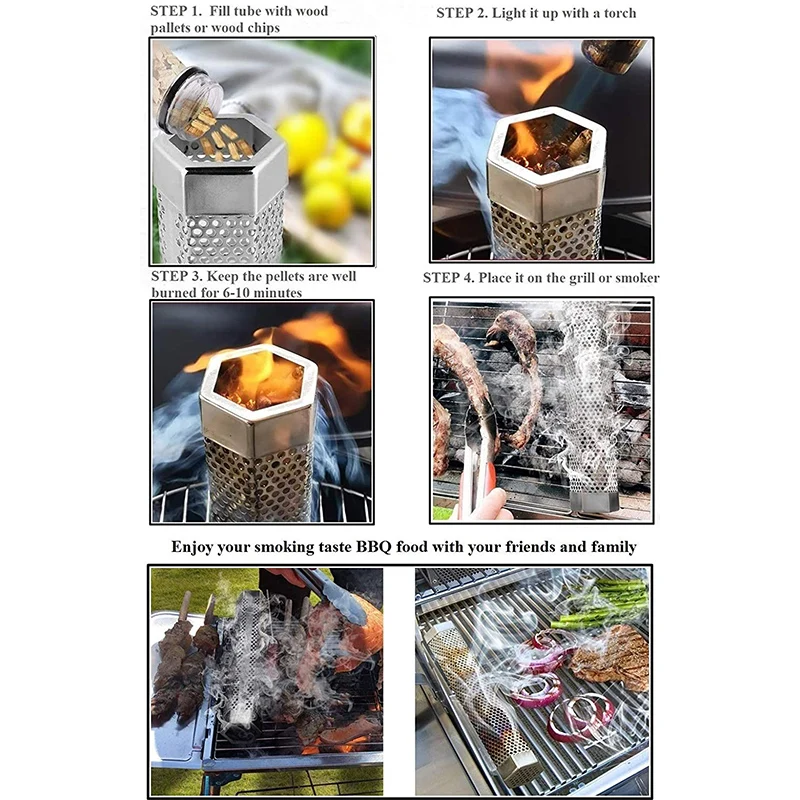 

12Inch BBQ Smoker Tube Hexagonal Stainless Steel BBQ Smoker Generator Grill Hot Cold Smoking Mesh Barbecue Bacon Accessories Too