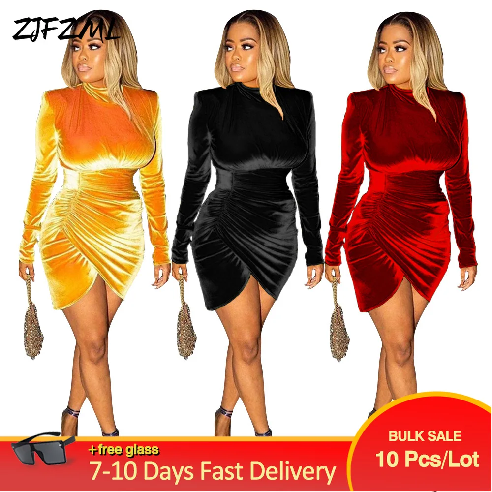 

Wholesale Bulk Items Lots Orange Black Red Women's Pleated Mini Dresses Fashionable Full Sleeve High Waist Body-Shaping Vestidos