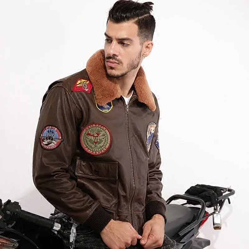 Мужская винтажная куртка-пилот из натуральной воловьей кожи с шерстяным