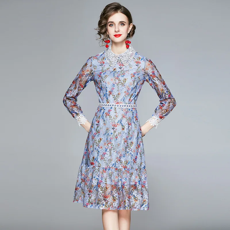 

Jacques Wolf elegant new lapel floral lace dress long-sleeved dresses