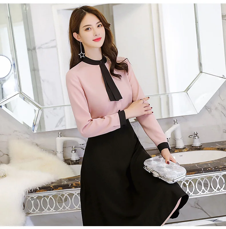 

Leisure Work Shirts Spring Autumn Women Blouse Long Sleeve Patchwork Tie Neck Slim Chiffon Blouses Office Ladies Tops Pink White