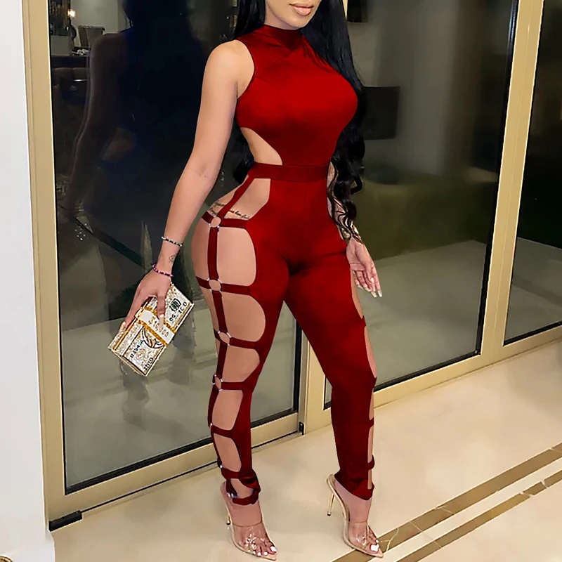

New Sleeveless Elegant Nightclub Party Playsuit 2021 Spring Hollow Out Skinny Women Jumpsuit Casual O Neck Solid Bodysuit Romper