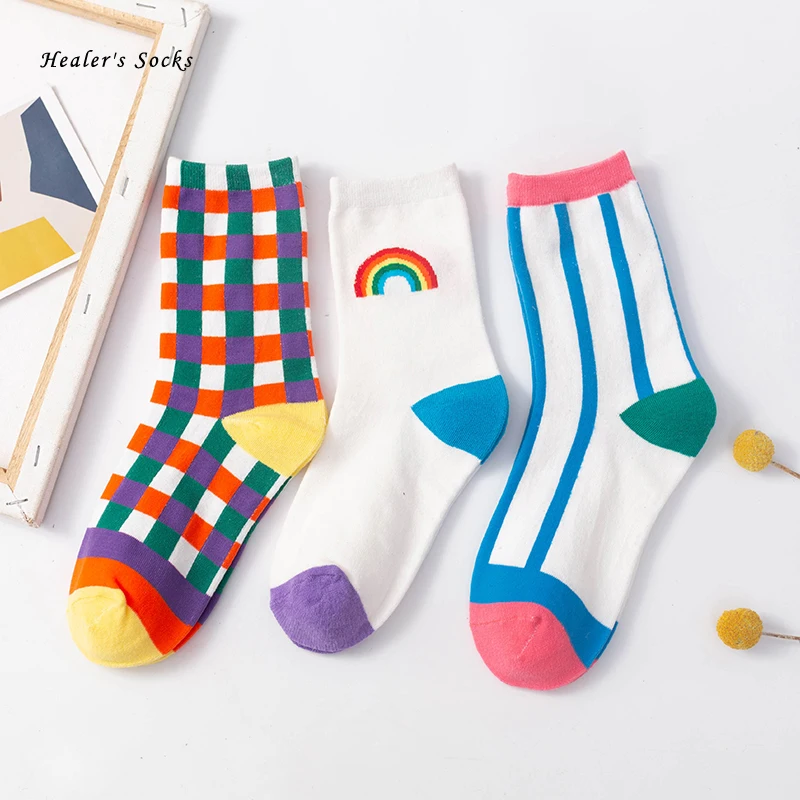 

New Rainbow Happy Woman Socks Cotton Color Striped Plaid Funny Harajuku College Style Fashion Casual Cute Soft Girls Tube Socks