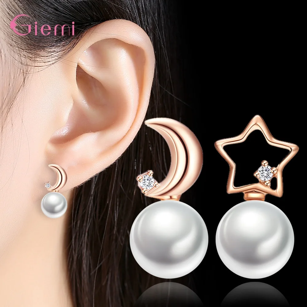 

Trendy Natural Freshwater Pearl Cubic Zircon Stud Earrings For Women Fashion 925 Sterling Silver Star Moon Brincos Jewelry Gift