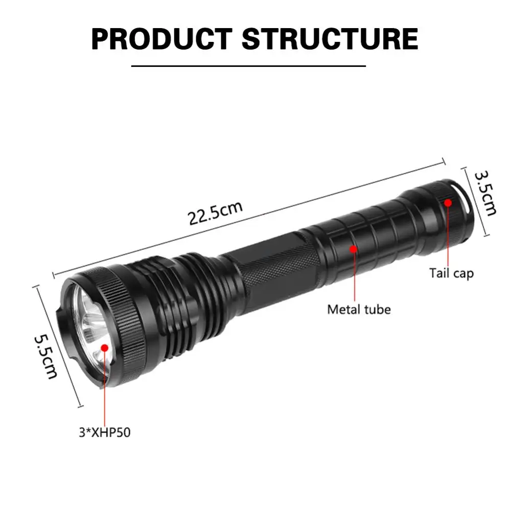 저렴한 2100 LM 강력한 LED 손전등 중국 18650/26650 3 * XHP50 LED 5 모드 높은 전원 야외 충전식 LED 손전등