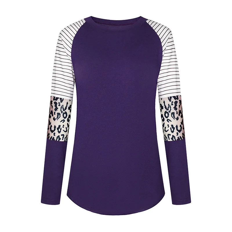 

Autumn Top Women Long Sleeve T Shirt 2020 Striped Tops Tee Female Leopard stitching Tees Fashion Loose Top Lady T-shirt