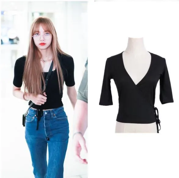 Женская футболка со шнуровкой и V-образным вырезом с коротким рукавом | одежда