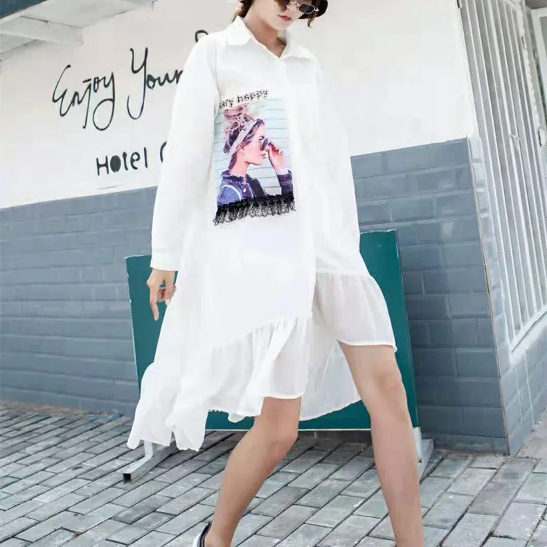 Женское платье блузка QING MO асимметричное Хлопковое с оборками повседневный