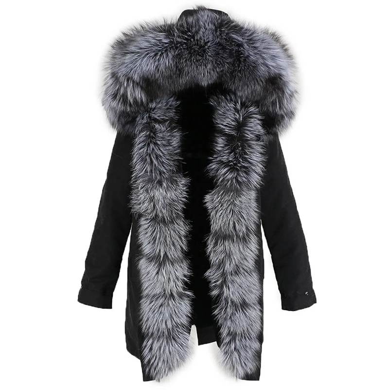 black black silver Женское пальто с натуральным мехом OFTBUY, чёрная куртка с воротником из натурального лисьего меха, водонепроницаемая длинная парка, теплая уличная верхняя одежда со съемным мехом для зимы - Цвет: black black silver