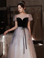 elegant gradient banquet party dress puff sleeve tulle o neck floor length princess dresses fashion slim female party gown