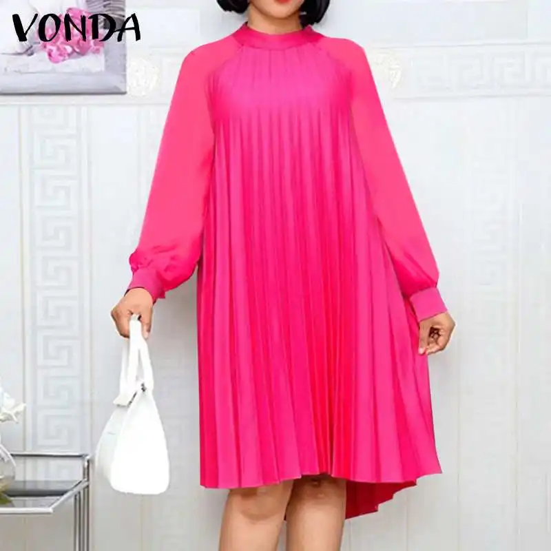 

Осеннее платье длиной до колен, 3 цвета, VONDA, повседневное однотонное платье с круглым вырезом, женские свободные платья с длинным рукавом и м...