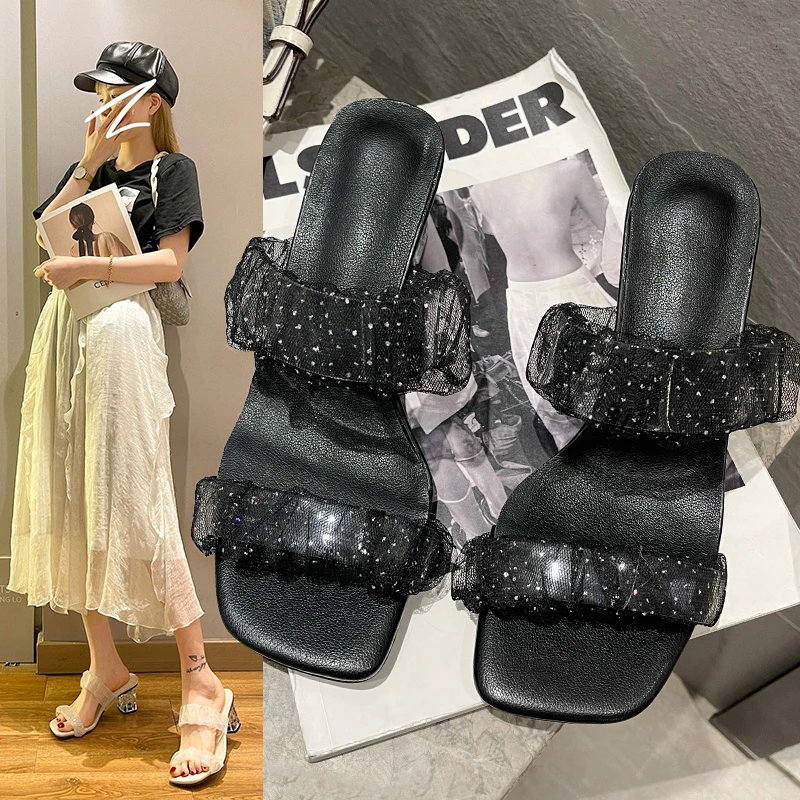 

Sexy Square Peep Toe Mesh Slides Party Shoes Transparent High Heels Women Slippers Sandals 2021 Indoor Ytmtloy Summer House
