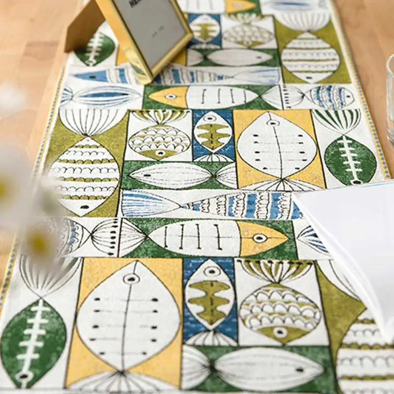 

American Retro Table Runner Impression Fish Print Coffee Runner Table Literary Nostalgic Rectangular Decorative Cloth Tablecloth