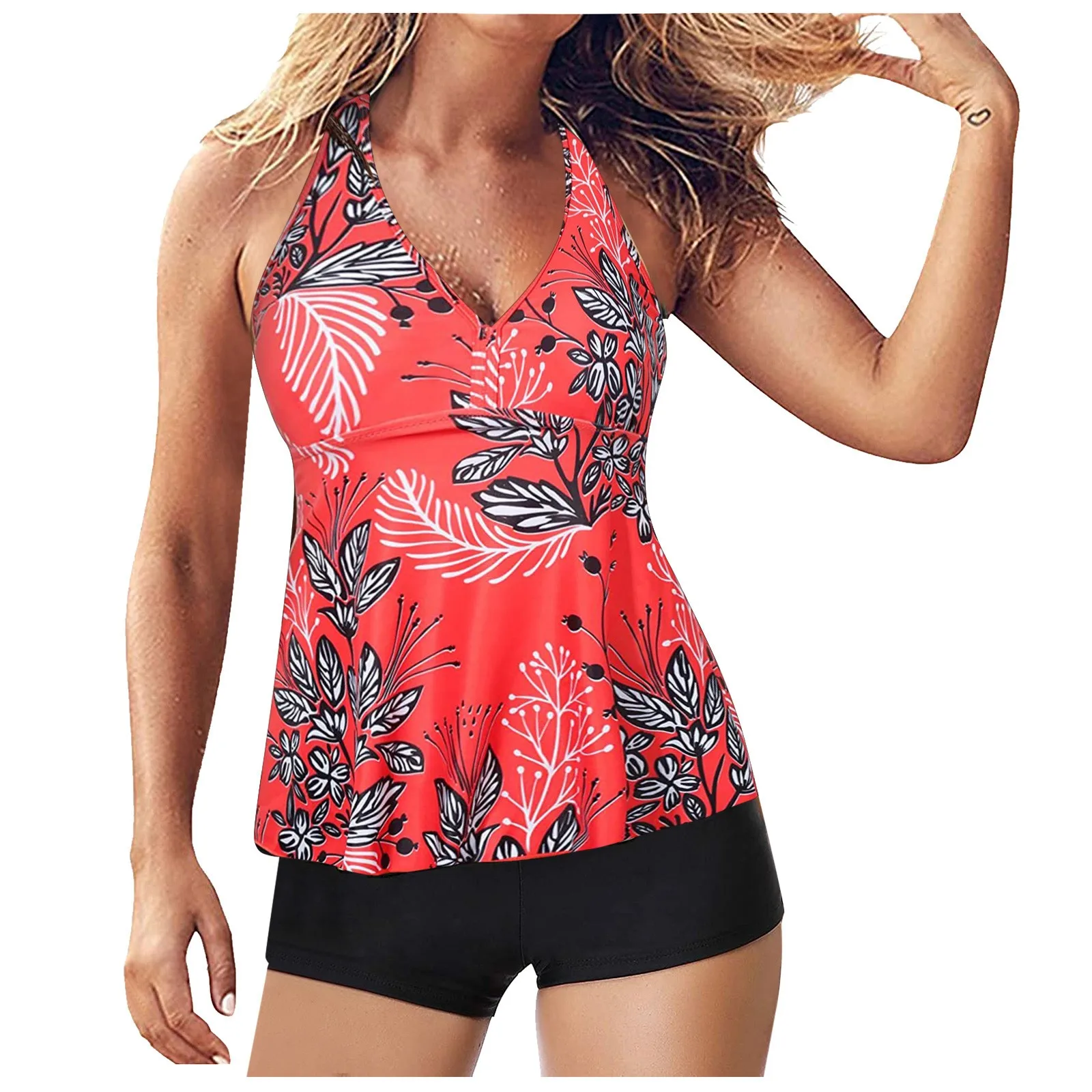 

2021 Floral Print Summer Beach Wear Plus Size Bodysuits Push Up Tankini 2 Piece Swimwear Vintage Womens Swimsuit Top with Shorts