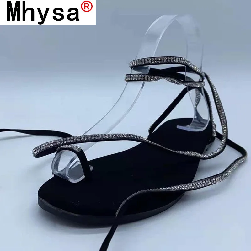 

2021 Women Sandals Fashion Black Rhinestone Cross Straps Sandals Summer New Women Outdoor Beach Flat Sandals Zapatos Mujer