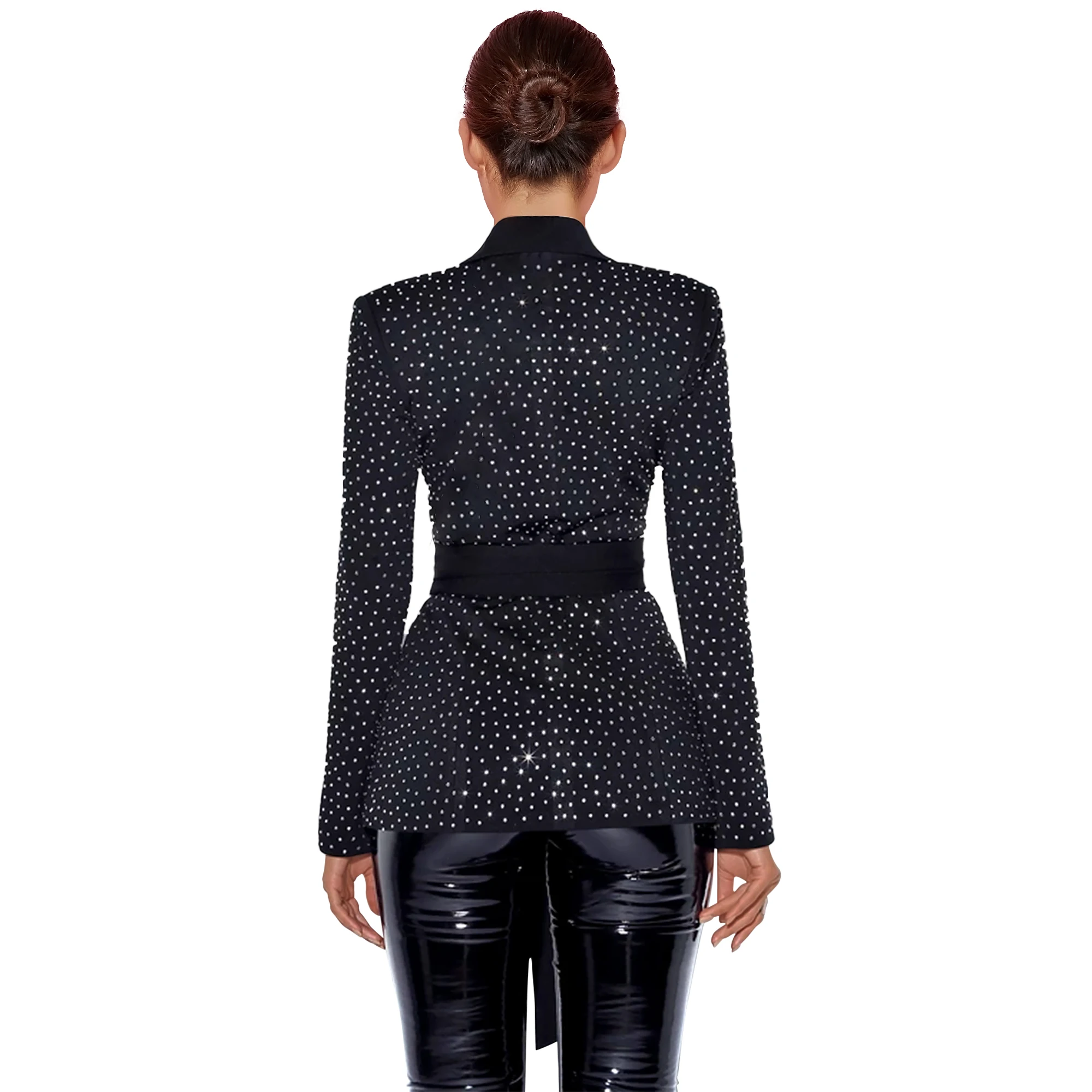 Ocstrade черный V шеи с длинным рукавом Мини галстук Стразы Bodycon куртка FLY19245-Black |