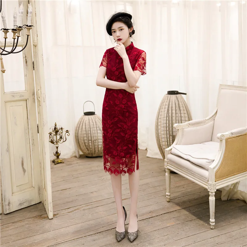 Wine red Cheongsam wedding evening party qipao lace dresses | Тематическая одежда и униформа