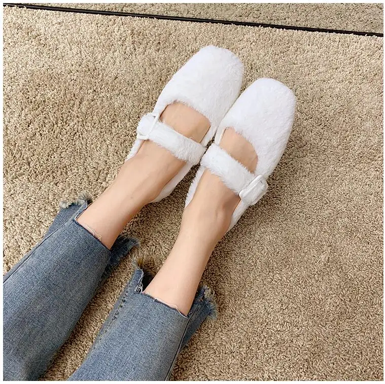 EOEODOIT Autumn Ballet Flats Shoes Casual Fur Shoes Square Toe Retro Fashion Women Lady Elegance Flat Heel Shoes