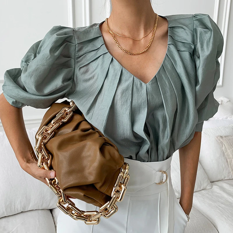 

Korean Chic Summer Light Mature Wind Thinner V-Neck Pleated Design Feeling Loose Folds Puff Sleeve Shirt Top Women