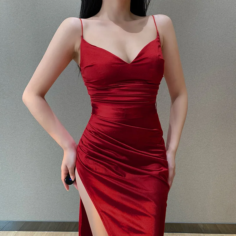 

Летние, женские платья Сакура, 2021 из сатина со складками; БЕЗРУКАВНОЕ Красное длинное платье модное женское с v-образным вырезом Разделение ...