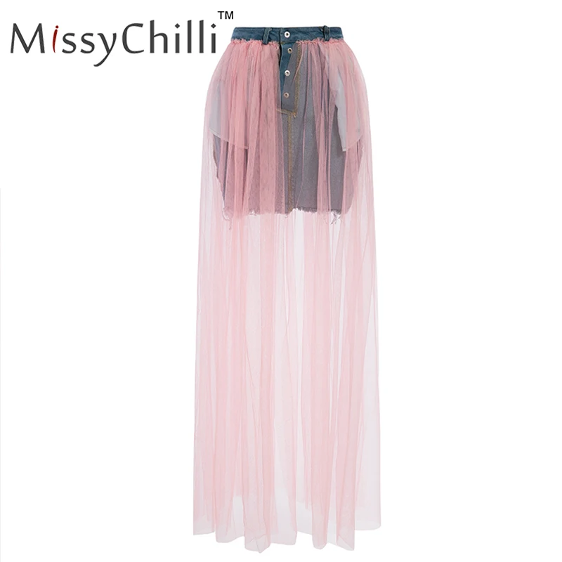 MissyChilli сетчатые Лоскутные юбки джинсовые с разрезом сексуальные летние пуговицы белая юбка с высокой талией женская уличная неоновая джинсовая юбка на пуговицах