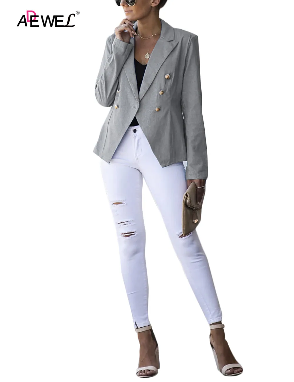 ADEWEL синий Для женщин офисные пальто открытой передней короткий кардиган с