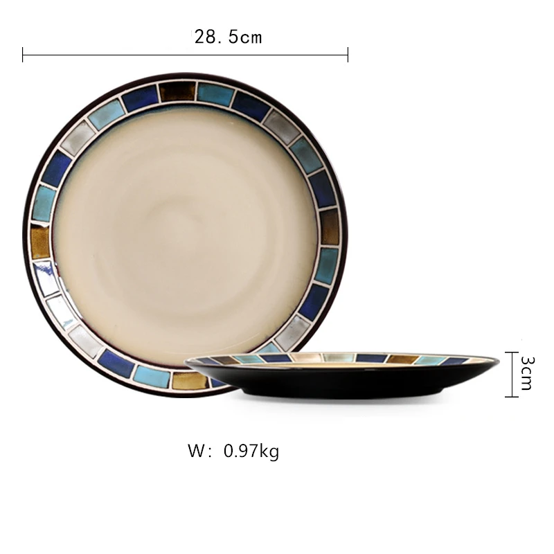 

American Ceramics Dishes Set Mosaic Stripes Decoration Steak Plate Kiln Change Glaze Process Large Household Salad Bowl