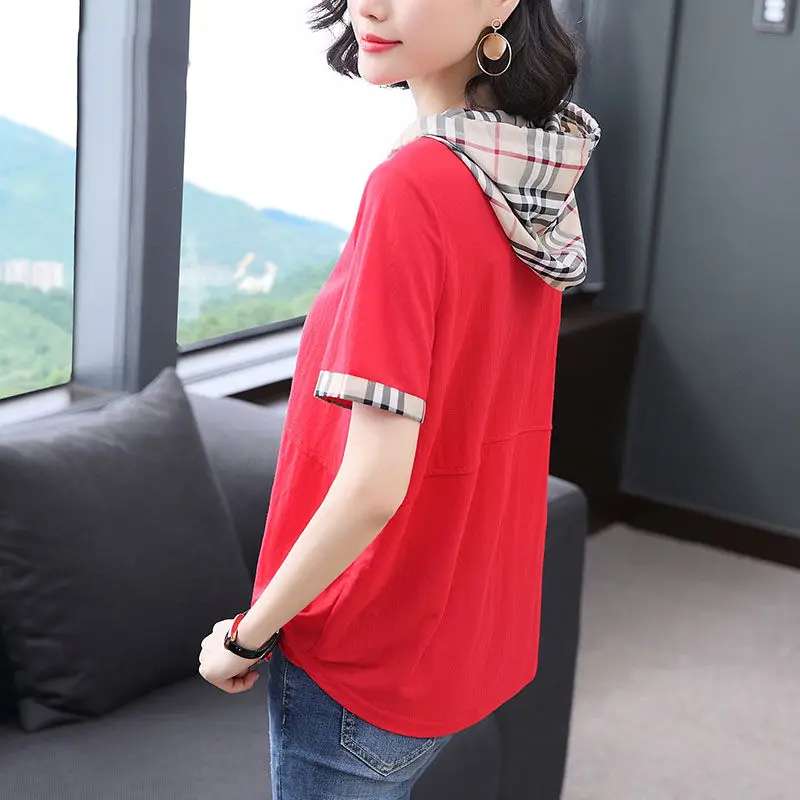 

Hooded short sleeve T-shirt women's summer new Korean loose splicing large women's fat mm half sleeve T-shirt