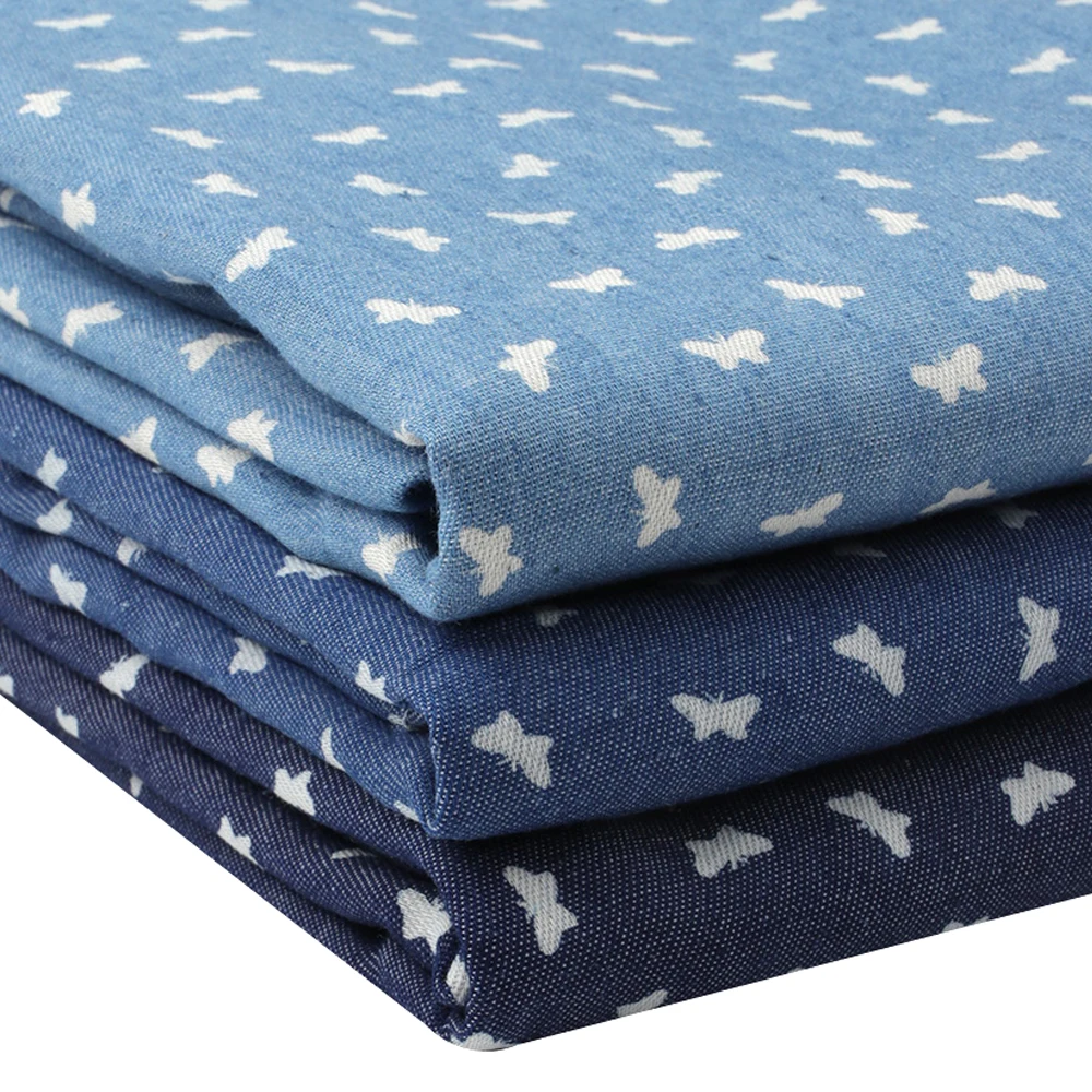 

Denim Fabric By Half The Meter White Butterfly Printed Cloth Sheet Dress Making Sewing Materials DIY Craft Supplies 50*150cm 1pc