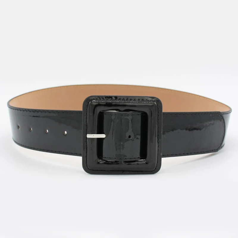

Fashion Big Square Buckle Belts Casual Dress Waistbands Bright Patent Leather for Women Pin Buckles Wide Belt Ladies Waist Black