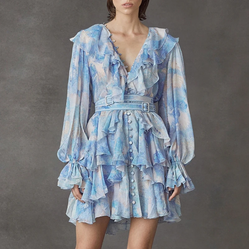 

Women Ruffles Dress Chiffon Floral Print Long Sleeve High Waist Sashes Tunic