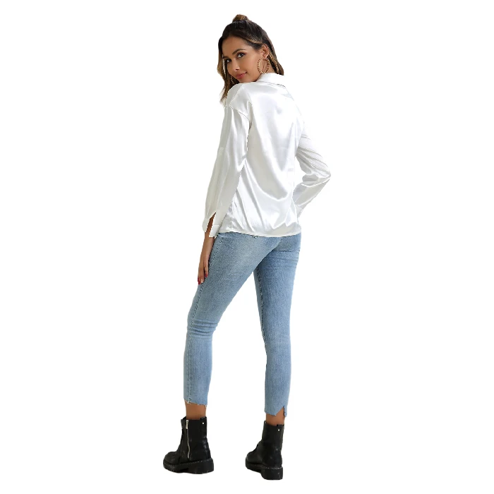 

Temperament Boutique Elegant Lapel Single Breasted Solid Color Stitching Stitched Satin Long Sleeve Solid Shirt women's Top