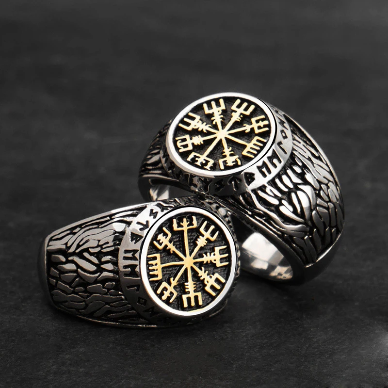 

Keisha Lena Punk Titanium Stainless Steel Ring Nordic Viking Compass and Rune Ring Jewelry Engraving Tree of Life Symbols Men's
