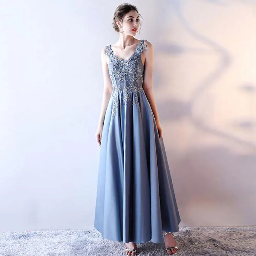 

V-Neck A-line Anke length Applique Flower Beading Sleeveless Banbage Draped Evening Dresses Fashion high quality 2021