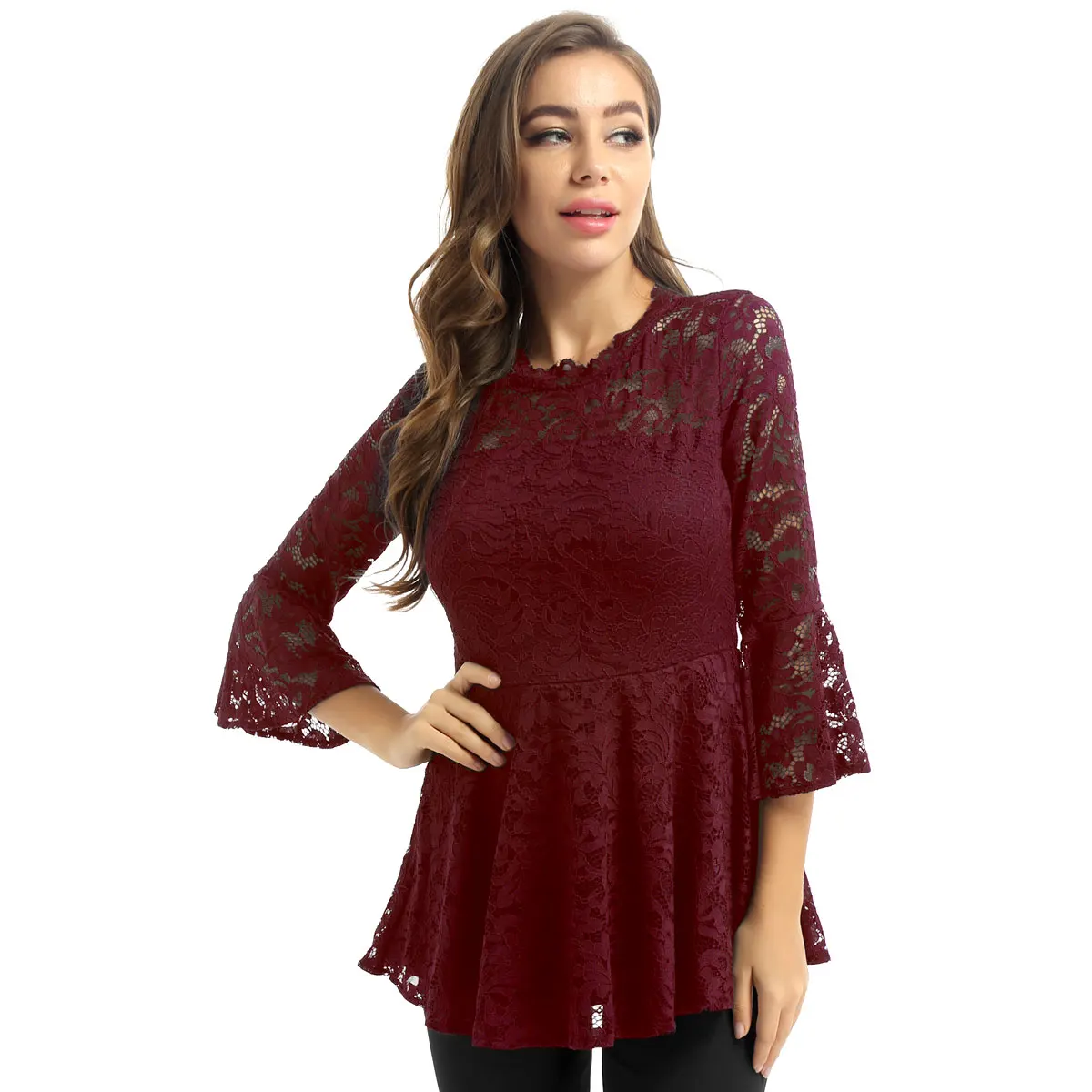 

Женский кружевной топ, элегантный однотонный топ с фестончатым вырезом и расклешенными рукавами, с баской, для свиданий и вечеринок