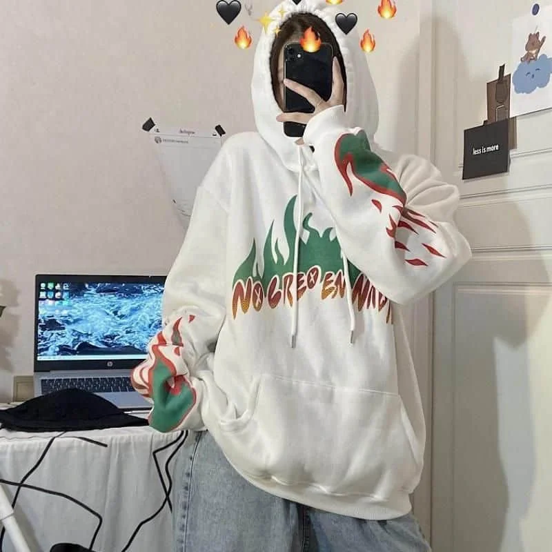 

Sweatshirts Men's And Women's Autumn And Winter Korean Vintage Flame Print Hoodie Loose Plush Coat Sweatshirts Vintage Print