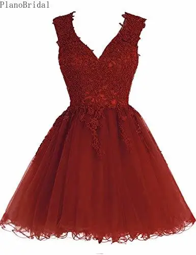 

Homecoming Dress Short Cocktail Dress Lace Homecoming Dresses Tulle Appliques Prom Dresses V Neck