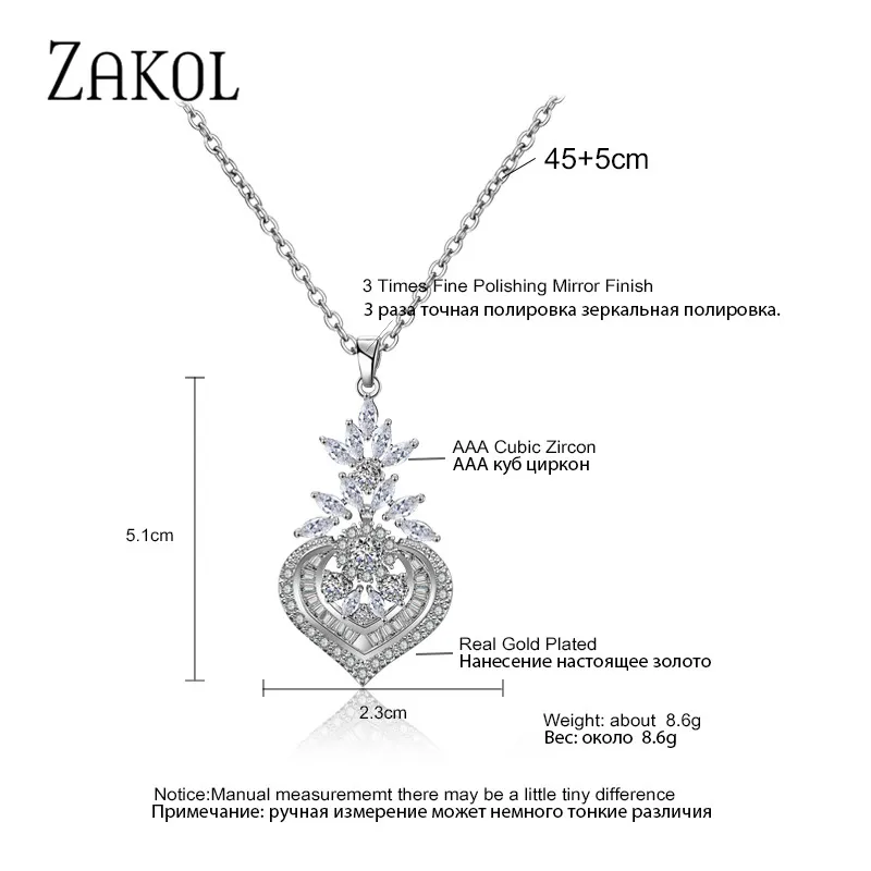 ZAKOL, 3 цвета, Роскошная большая огранка маркизы, Блестящий CZ цирконий, цветок, подвеска и ожерелья для женщин, свадебные украшения для невесты, FSNP2033