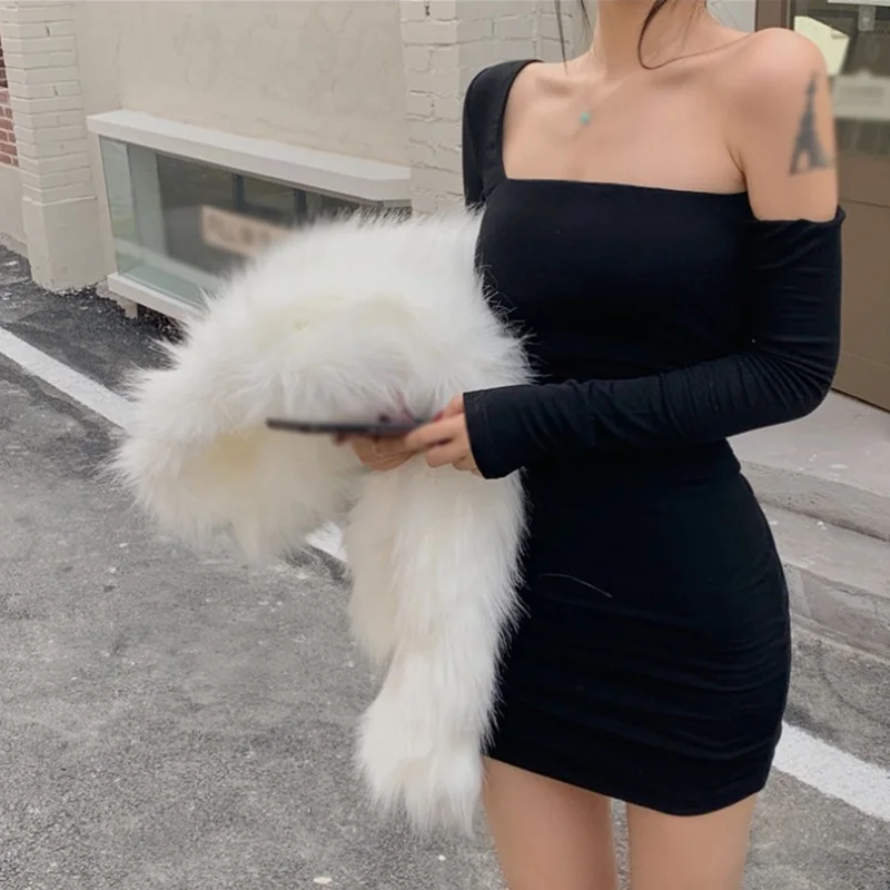 

Women's Early Autumn Retro Solid Color Irregular Collar Slim Sexy Long Sleeves Bodycon Dress New