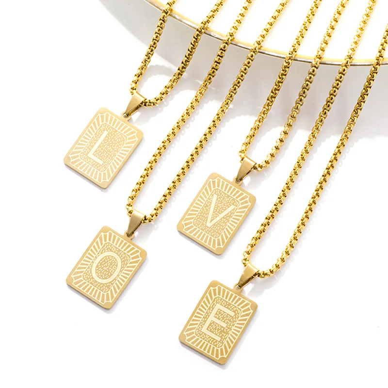 

Stainless Steel Initial Necklace For Women Gold Chain Choker Geometric Rectangle Pendant Letter Charms Best Friends Birthday