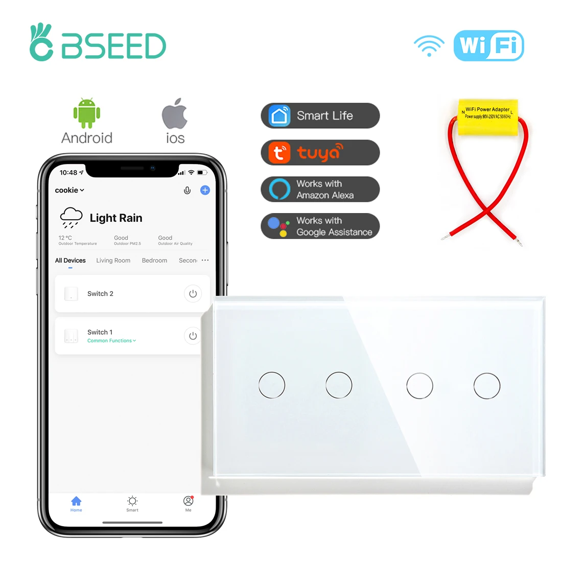 Настенные выключатели BSEED с Wi-Fi сенсорные переключатели Google Alexa 4 клавиши 1 канал