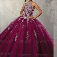 purple tulle ball quinceanera dresses cut out stylish sleeveless appliques beading high neck vestido de fiesta lace up
