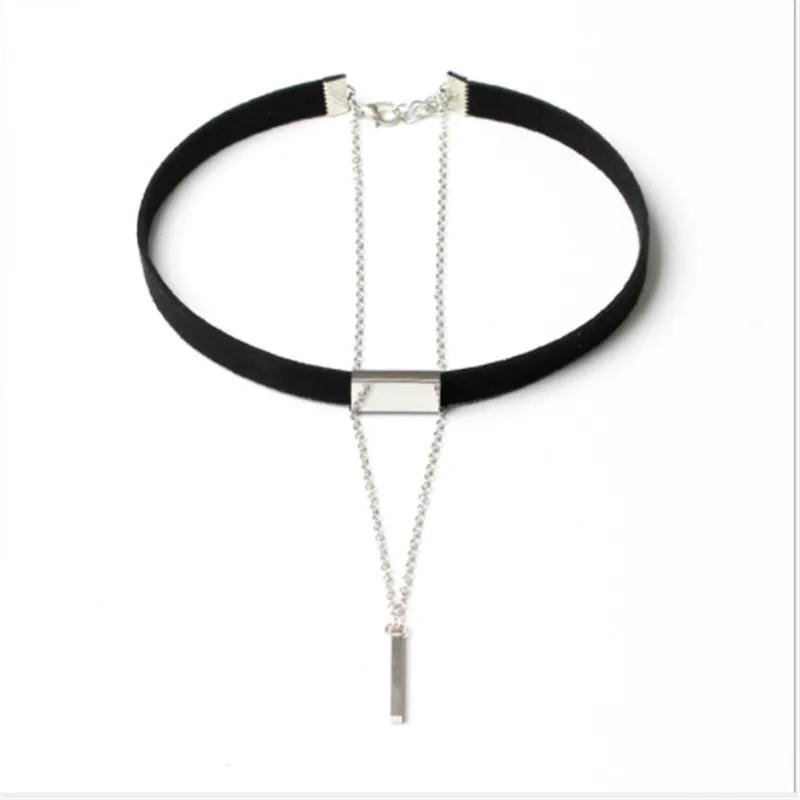 

New Geometric Metal Bar Pendant Choker Necklace Women Double Chain Brown Black flannel Chain Necklace Collares