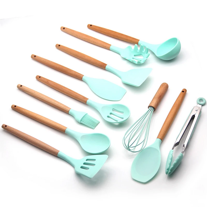 

Silica Gel Kitchenware Set With Wooden Handle Cooking Spoon And Spatula Kitchen Ware Set With Silica Gel Spatula